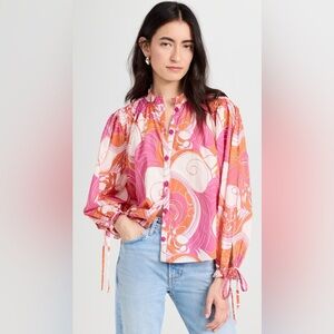 NWT RHODE Louisa Top Pink Button Blouse Tie Sleeves